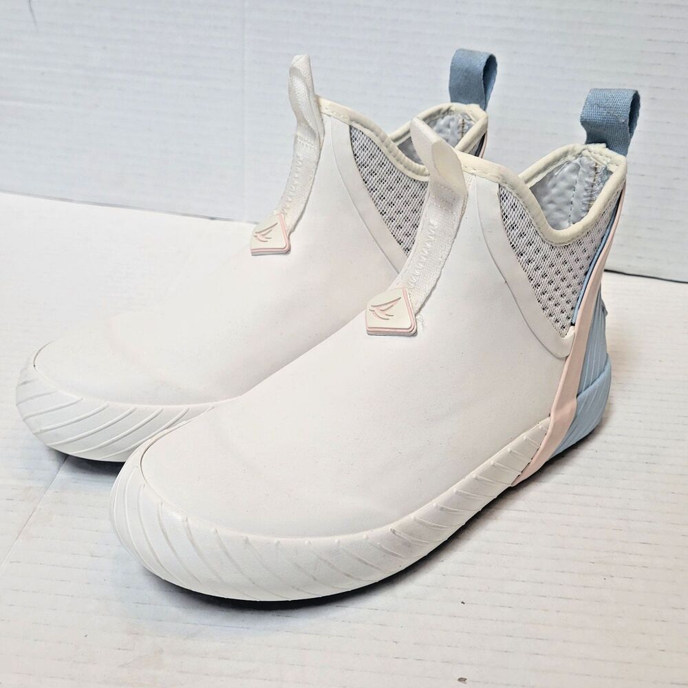 Sperry Womens Cutwater Deck Rain Boots White Sz 5 Blue Pink Slip-On Ankle Bootie